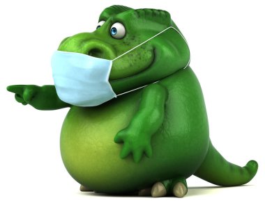 Beyaz arka planda maskesi olan komik bir karikatür dinozor.