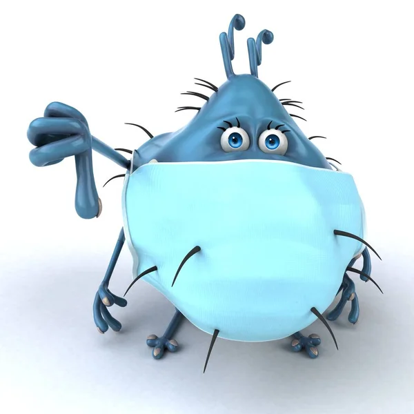 Fun 3D illustration of a cartoon microbe with a mask on white background