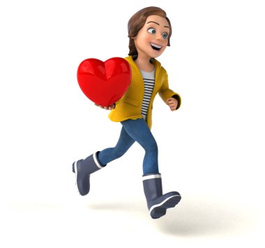 Kalbi olan bir genç kızın 3 boyutlu eğlenceli bir çizimi.