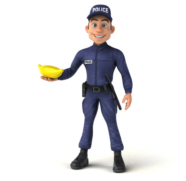 一个拿着香蕉的卡通警察的3D有趣图片 — 图库照片