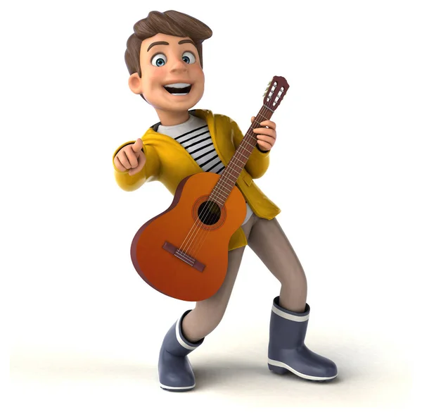 Fun Illustration Cartoon Kid Rain Gear Guitar — Stock Photo, Image