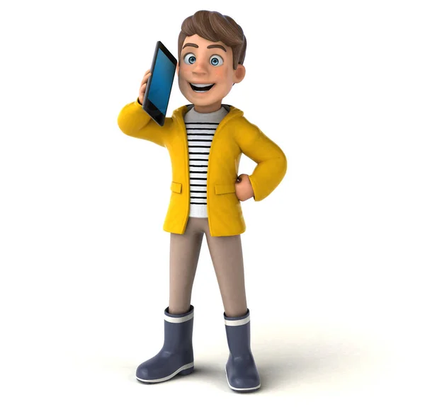 Fun Illustration Eines Zeichentrickkindes Mit Regenbekleidung Mit Einem Telefon — Stockfoto