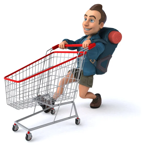 Divertente Illustrazione Cartone Animato Backpacker Shopping — Foto Stock