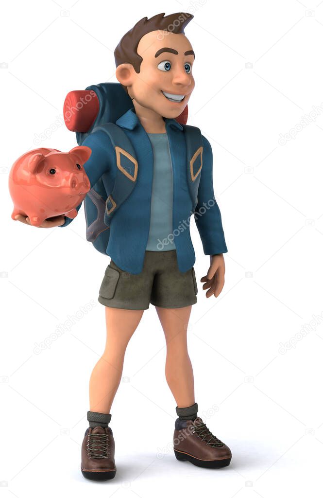 Fun illustration of a 3D cartoon backpacker with piggy bank 