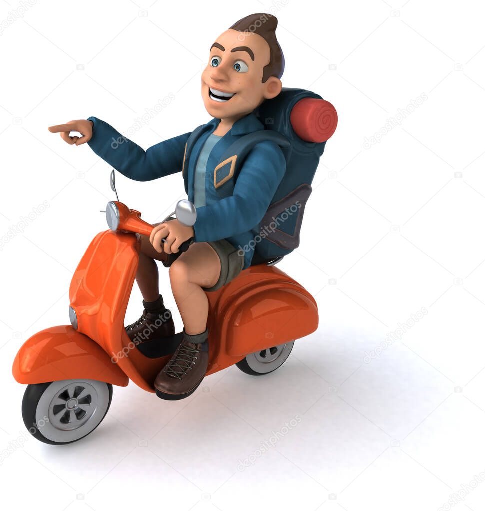 Fun illustration of a 3D cartoon backpacker on scooter