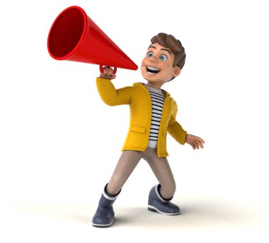 Yağmur giysileriyle komik çizgi film çocuğu