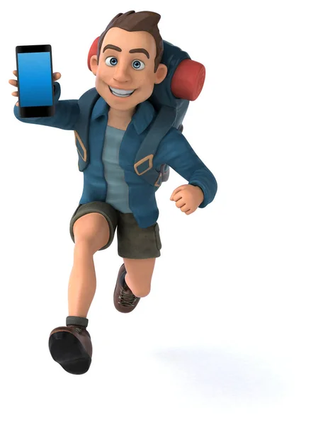 Lustige Illustration Eines Cartoon Backpacker Mit Smartphone — Stockfoto