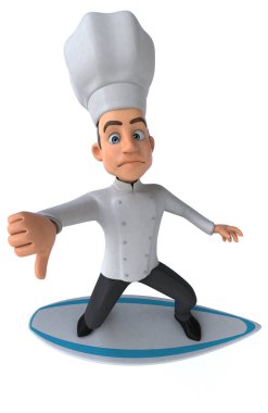Eğlenceli 3D karikatür şefi sörf yapıyor.
