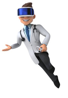 Doktor çizgi film karakteri ile VR miğferinin eğlenceli 3D görüntüsü.