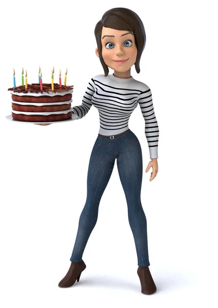 Fun Cartoon Casual Charakter Frau Mit Kuchen — Stockfoto