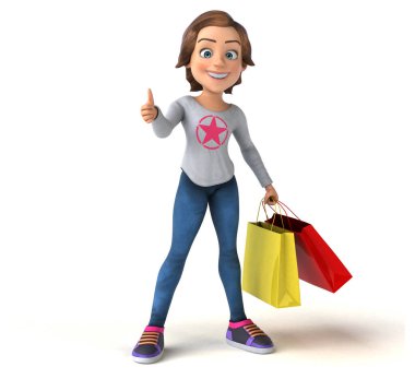 Eğlenceli 3D karikatür genç kız alışverişi