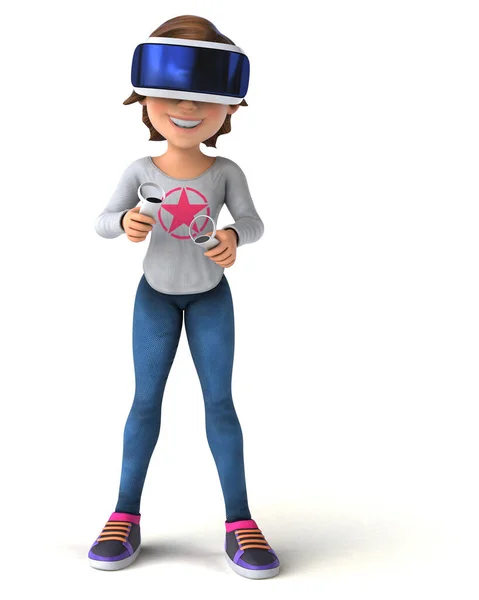 一个带Vr Helmet的少女卡通人物的有趣3D图像 — 图库照片