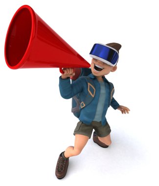 VR Miğferli sırt çantalı bir çizgi film karakterinin 3 boyutlu eğlenceli görüntüsü