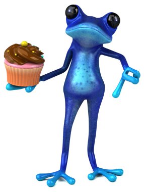 Cupcake ile eğlenceli mavi kurbağa - 3D İllüstrasyon