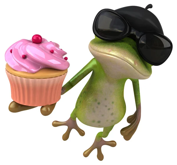 Rolig Fransk Groda Med Cupcake Illustration — Stockfoto