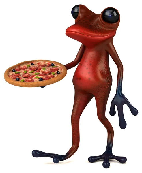 ピザと楽しい赤いカエル 3Dイラスト — ストック写真
