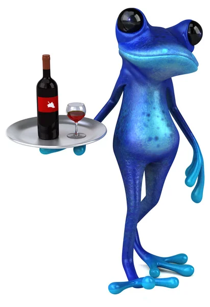 Rolig Blå Groda Med Vin Illustration — Stockfoto