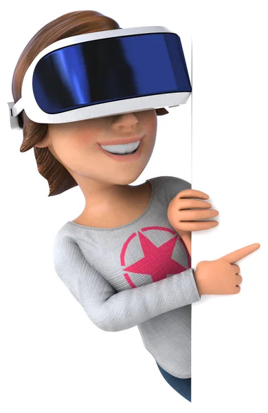 带Vr Helmet的卡通人物少女的有趣3D图解 — 图库照片