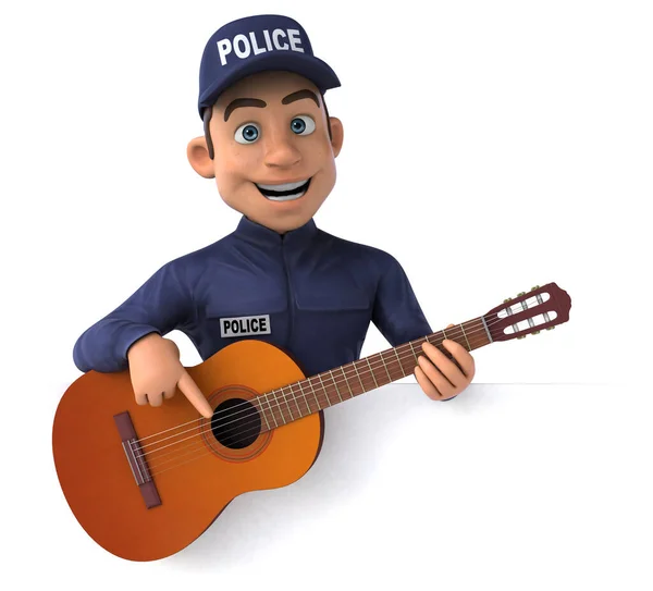 一个拿着吉他的卡通警察的有趣3D插图 — 图库照片