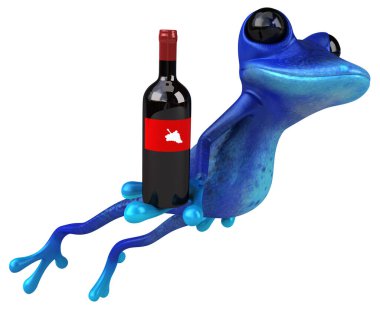 Şaraplı eğlenceli mavi kurbağa - 3D Görüntü