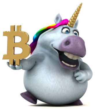 Bitcoin ile eğlenceli tek boynuzlu at - 3D İllüstrasyon