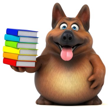 Kitapları olan eğlenceli Alman çoban köpeği - 3D İllüstrasyon