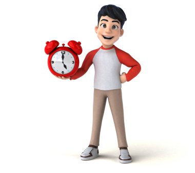 Manga tarzı saati olan 3 boyutlu Asyalı eğlenceli bir genç. 