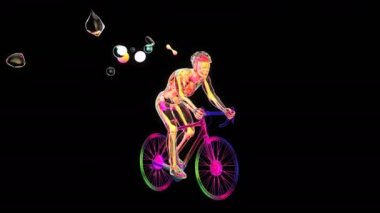 Siyah arkaplanda soyut bir sanat eseriyle gezen bir X-ray bisikletçisinin anatomisinin 3 boyutlu görüntüsü