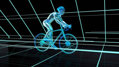 Siyah arkaplanda soyut bir sanat eseriyle gezen bir X-ray bisikletçisinin anatomisinin 3 boyutlu görüntüsü