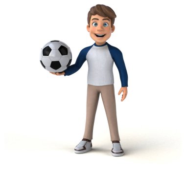 3 boyutlu çizgi film karakteri, top oynayan eğlenceli genç.