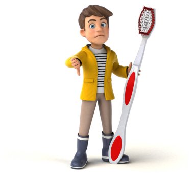 Çizgi film çocuğu, yağmur kıyafetleri ve diş fırçası ile eğlenceli bir 3D resim.