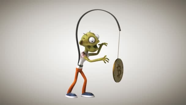 Divertido Personaje Zombie Siguiendo Bitcoin Animación — Vídeo de stock