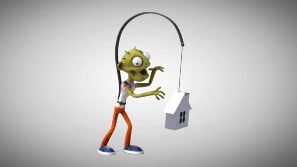 Divertido Personaje Zombie Siguiendo Casa Animación — Vídeos de Stock