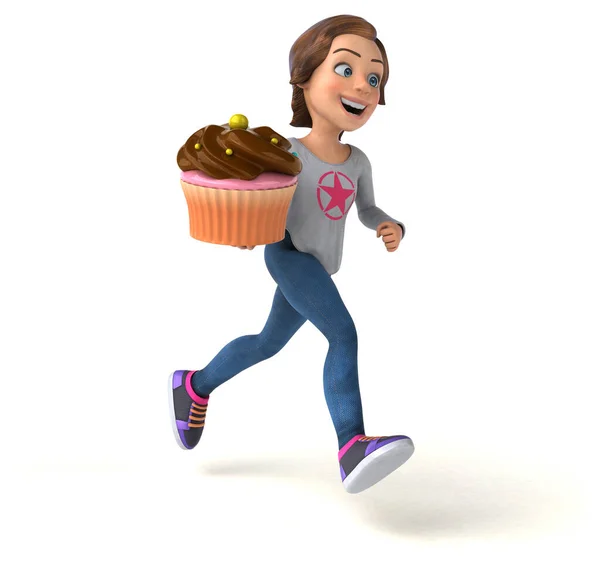 Ilustração Divertida Uma Menina Adolescente Dos Desenhos Animados Com Cupcake — Fotografia de Stock