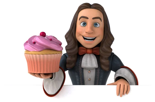 3D Illustration of a cartoon man in historical baroque costume with cupcake