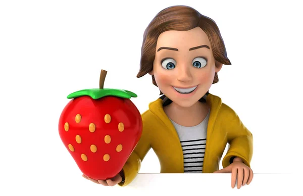 一个带草莓的少女卡通片的三维有趣图片 — 图库照片