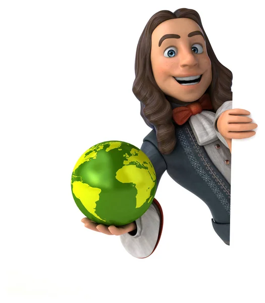 3D Illustration of a cartoon man in historical baroque costume with globe