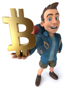 Bitcoin 'li bir 3D karikatür sırt çantalı eğlenceli illüstrasyon 