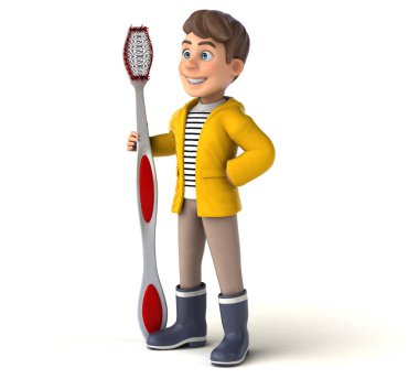 Üç boyutlu komik bir karikatür çocuğu diş fırçasıyla yağmurluk giyerken.