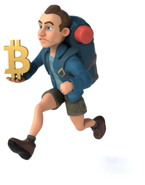 Rolig Illustration Tecknad Backpacker Med Bitcoin — Stockfoto
