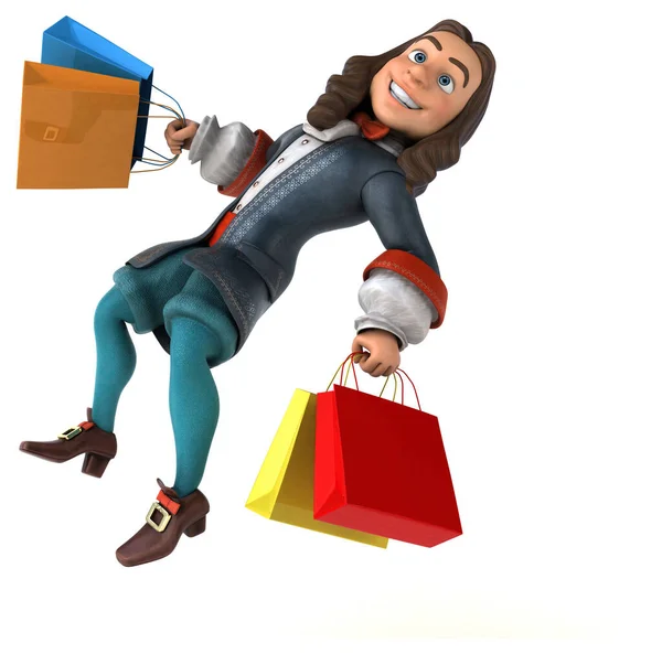 3D Illustration of a cartoon man in historical baroque costume shopping