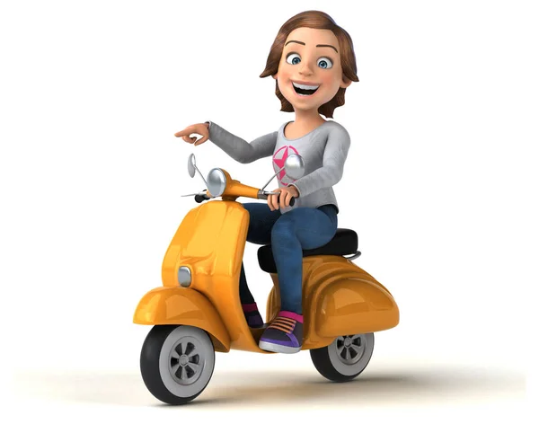 滑板车上一个少女卡通片的有趣3D解说 — 图库照片