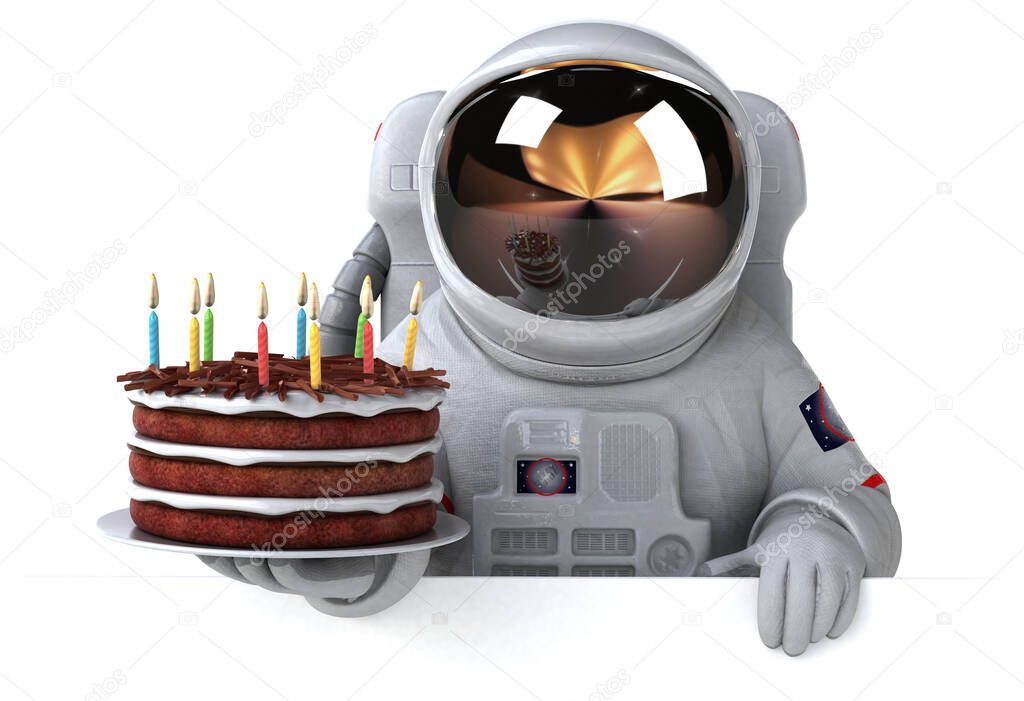 Fun astronaut  with cake  - 3D Illustration