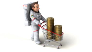 Komik 3D karikatür karakteri astronot. Arabasında bitcoin var. 