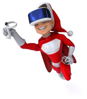 Süper Noel Baba karakterinin video kasklı 3 boyutlu eğlenceli bir görüntüsü.