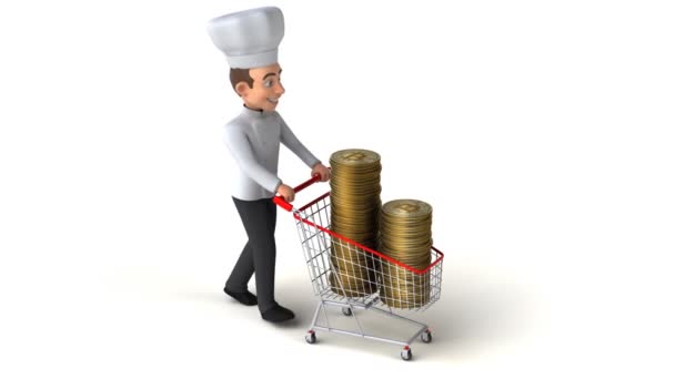 Fun Cartoon Character Chef Bitcoins Cart — Stock Video
