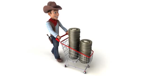 Divertido Personagem Desenho Animado Cowboy Com Bitcoins Carrinho — Vídeo de Stock