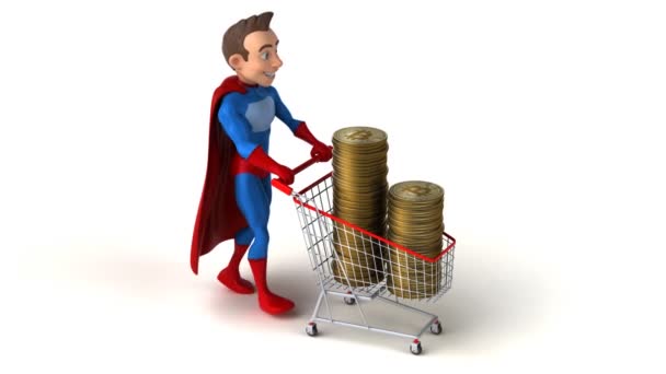 Diversión Personaje Dibujos Animados Superhéroe Con Bitcoins Carrito — Vídeos de Stock
