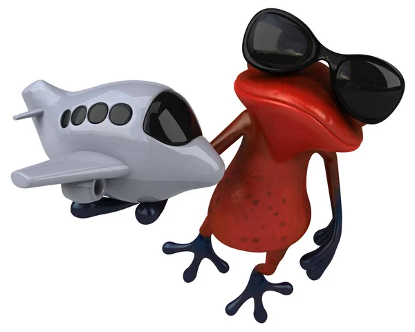 飛行機との楽しいカエル 3Dイラスト — ストック写真