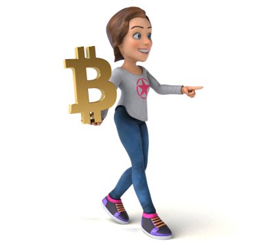 Bitcoin 'i olan bir genç kızın 3 boyutlu eğlenceli çizimi 